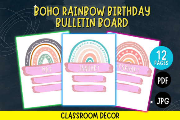 Boho Rainbow Birthday Bulletin Board for School Calendar