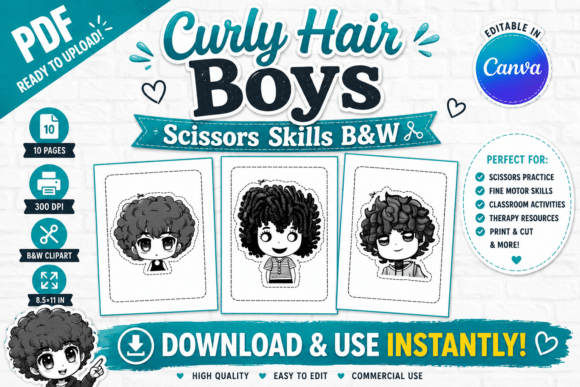Curly Hair Boys Scissors Skills B&W: A Hands-On Activity Book